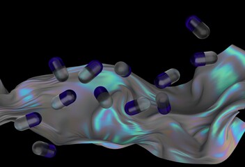 Poster - Blue capsules floating above a wavy, iridescent cloth with a dark background, depicting a futuristic and surreal digital scene.