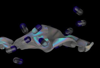 Poster - Blue capsules floating above a wavy, iridescent cloth with a dark background, depicting a futuristic and surreal digital scene.