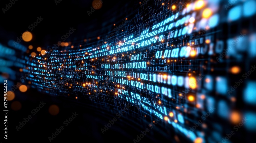 Abstract digital data stream flowing through a dark space, glowing with ...