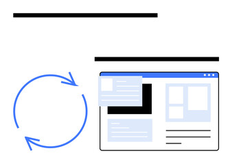 Blue circular arrows beside a web interface layout suggest constant updating and workflow iteration. Ideal for web design, content management, UXUI, development, automation, process improvement, flat