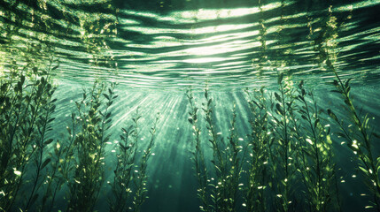 Wall Mural - a serene underwater scene, shallow clear water with graceful freshwater plants, light rays scatterin
