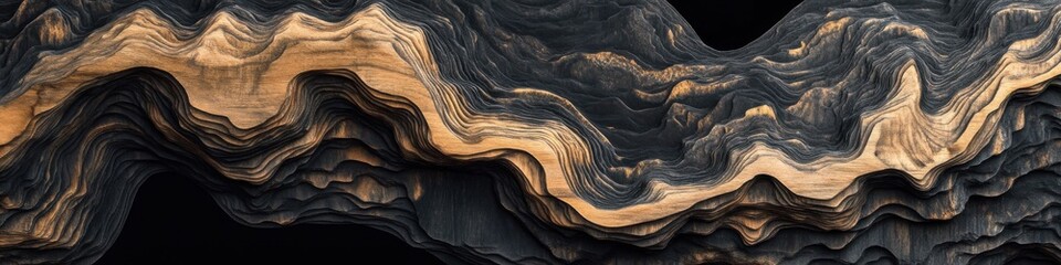 Fototapete - An abstract pattern with flowing organic shapes in shades of black and brown, reminiscent of wood grain or mountain terrain, is placed on a dark background.