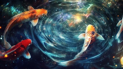 Wall Mural - Colorful koi fish swimming amidst a cosmic swirling galaxy