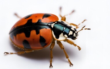 an extreme close-up of a ladybug isolated on white background