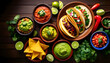 © TK - A vibrant spread of Mexican dishes featuring tacos, guacamole, salsa, and lime, arranged artistically on a wooden table