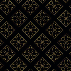 Abstract geometric pattern with crosses, stripes, lines. Seamless vector background. Black and gold ornament. Modern reticulated graphic design.