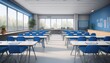 © Rindi - Modern classroom with blue chairs and white tables. 3D Rendering. Generated image