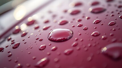 Wall Mural - water droplets, beading, red metallic surface, hydrophobic effect, texture of water repellency.