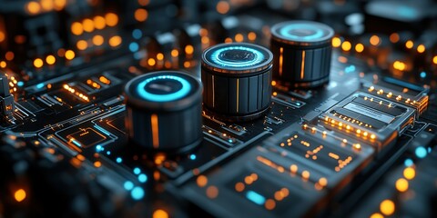 detailed close-up view of a futuristic circuit board with glowing elements and knobs