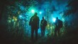 © Puchong - Three hikers silhouetted against a vibrant, bioluminescent forest at night.  Mysterious and adventurous atmosphere. Perfect for fantasy, adventure, or mystery themes.