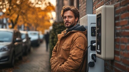 Aufkleber - A man stands casually by an electric vehicle charging station surrounded by colorful autumn foliage, illustrating the integration of renewable energy in modern transportation.