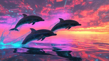 Wall Mural - Three dolphins leap from water under a colorful sunset sky