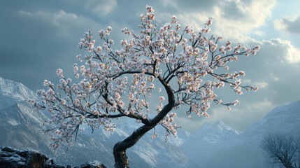 beautiful almond tree is blooming in winter, surrounded by majestic mountains under dramatic sky. delicate pink flowers contrast with snowy landscape, creating serene and picturesque scene