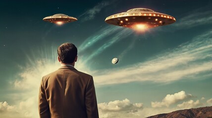 Wall Mural - Back view of man looking at alien invasion, UFO flying in the sky, concept of evidence and sighting, retro illustration.