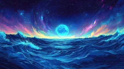 Wall Mural - A luminous celestial orb floats above the ocean waves