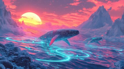 Wall Mural - Two whales swimming in an ocean under a vibrant colorful sky