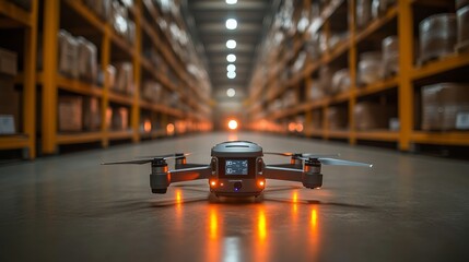 Leinwandbilder - A drone equipped for transportation is positioned in a warehouse aisle. Automated technology enhances delivery efficiency as it prepares for last mile service in the evening.