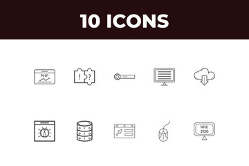 Web development set of web icons in line style. Developer icons for web and mobile app. Code, api, app, flow, web coder, bug fix and more. Vector illustration