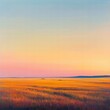 © Natthapong - A wide shot of a large field at sunset, where the warm orange light casts long, realistic shadows on the tall grasses, and the clear sky above is bathed in pastel hues of pink, orange, and purple