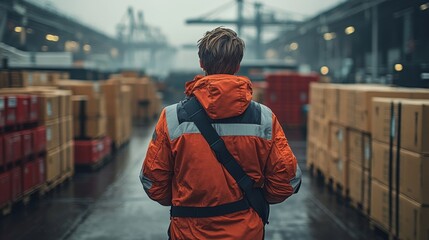 Leinwandbilder - A worker wearing an orange jacket walks through a logistics center bustling with activity, surrounded by stacks of shipping containers and pallets on a cloudy day.