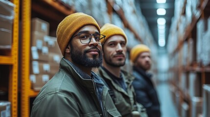 Leinwandbilder - Three logistics workers wearing yellow beanies stand confidently in a busy warehouse, surrounded by shelves stacked with packages, highlighting teamwork in supply chain management.