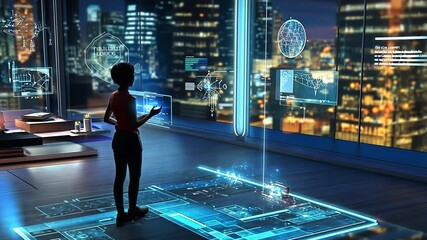 Futuristic city view at night with a professional using holographic technology interface