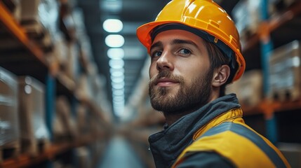 Leinwandbilder - A worker wearing safety gear stands confidently in a logistics warehouse while overseeing operations related to transportation and distribution of goods during the day.