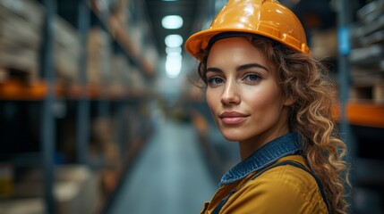 Leinwandbilder - A confident young woman stands in a bustling logistics warehouse, wearing a hard hat. She reflects the integration of automation in transportation within the fulfillment center.