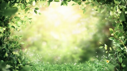 Wall Mural - beautiful nature green background with a blurred spring or summer garden landscape and sunlight on a