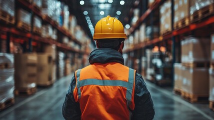 Leinwandbilder - A worker in a yellow hard hat and orange vest examines the interior of a busy warehouse filled with stacked pallets, focusing on logistics and supply chain operations.