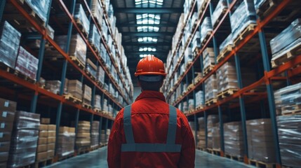 Leinwandbilder - A warehouse worker in a red uniform and helmet evaluates the inventory on tall shelves, highlighting the significance of organization and automation in logistics.