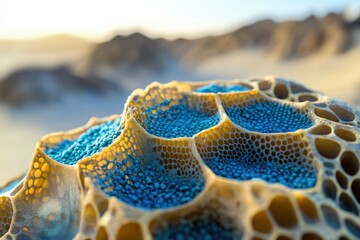 Wall Mural - surreal macro shot of a honeycomb-like structure filled with turquoise spheres against a blurry land