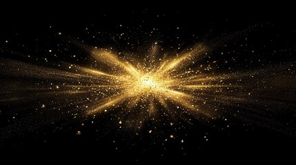 Wall Mural - Golden, glowing particles exploding outward from the center of an abstract, black background