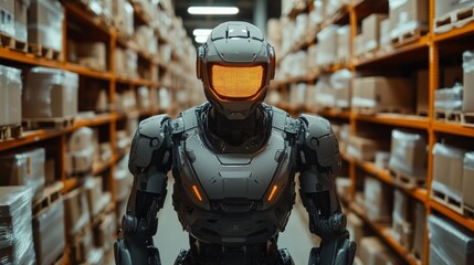 Leinwandbilder - A robotic delivery system is operational in a warehouse, navigating between shelves of packaged goods, showcasing automation in logistics and last mile delivery solutions.