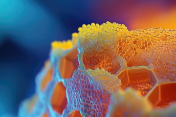 Wall Mural - close-up of honeycomb structure with vibrant yellow and orange hues, enhanced by a cool blue backgro