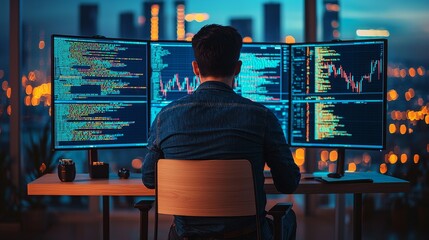 Rear view of a programmer in a modern office coding on multiple monitors