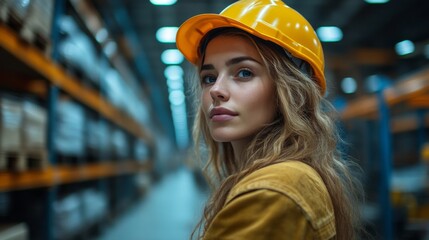 Poster - A woman wearing a yellow hard hat and work attire stands in a logistics center surrounded by shelves full of goods, overseeing warehouse activities and enhancing operational efficiency.