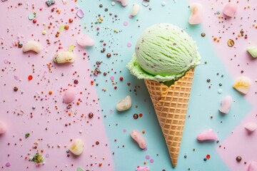 Aufkleber - Colorful ice cream cone with mint flavor surrounded by sprinkles and candy pieces on a pastel background