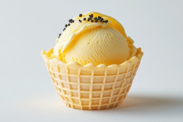 Poster - Delicious yellow ice cream served in a waffle cone with sprinkles highlights a summer treat