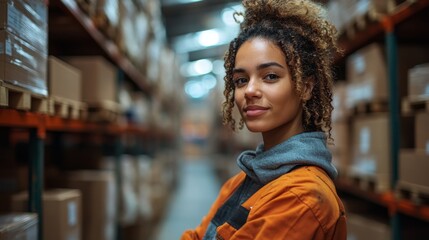 Leinwandbilder - A logistics professional stands confidently in a bustling warehouse filled with organized boxes. The environment highlights the integration of automation and efficient transportation systems.