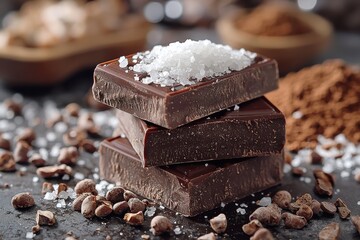 Aufkleber - Delicious dark chocolate bars topped with sea salt and surrounded by cocoa beans and powder