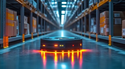 Leinwandbilder - A robotic device navigates through a well organized warehouse, delivering goods and optimizing fulfillment processes while bright lights illuminate the aisles.