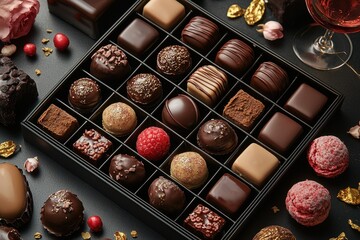 Aufkleber - Decadent assortment of gourmet chocolates displayed elegantly on a black surface with a festive arrangement of treats