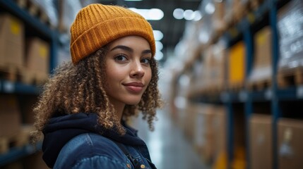 Leinwandbilder - A young woman with curly hair and an orange beanie is looking toward the camera in a logistics center filled with shelves and boxes. She is part of a modern fulfillment operation.