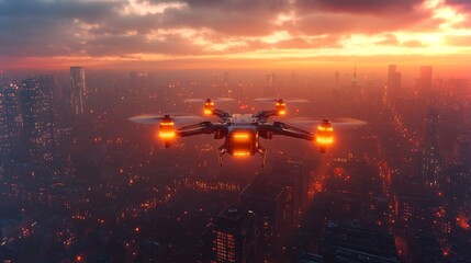 Poster - A drone operates during sunset, navigating through a vibrant city skyline while engaged in last mile delivery logistics. The scene showcases automation in transport technology.