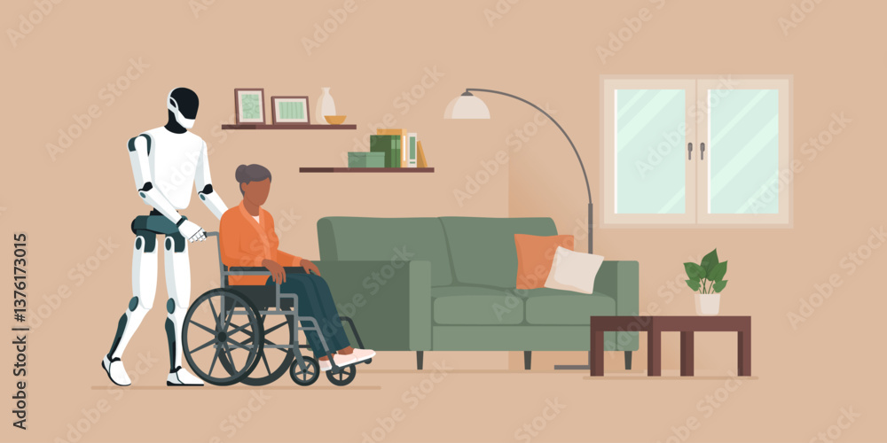 AI humanoid robot helping a senior person in a wheelchair Stock Vector ...