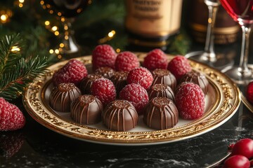 Aufkleber - Delightful chocolate truffles and fresh raspberries arranged on an elegant plate for festive celebrations