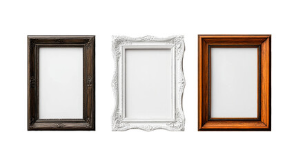 Three ornate frames in dark brown, white and wood color, cut out transparent