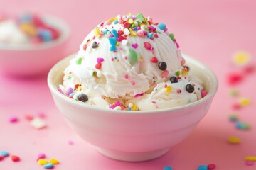 Poster - Colorful ice cream dessert topped with sprinkles served in a bowl on a pink background