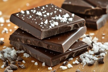 Aufkleber - Rich dark chocolate squares with sea salt on wooden surface next to chocolate chips